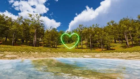 Display of a neon heart in a virtual forest a computer designed landscape 3.. Illustrazione stock