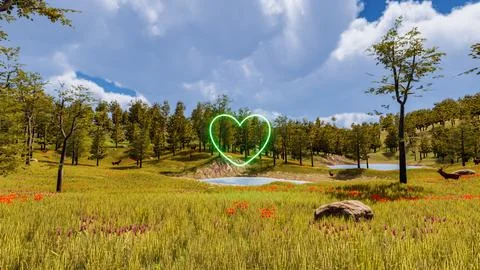 Display of a neon heart in a virtual forest a computer designed landscape 3.. Illustrazione stock