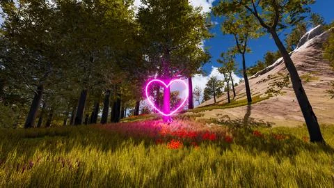 Display of a neon heart in a virtual forest a computer designed landscape 3.. Illustrazione stock