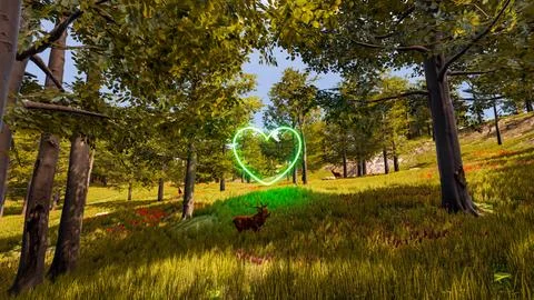 Display of a neon heart in a virtual forest a computer designed landscape 3.. Illustrazione stock