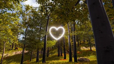 Display of a neon heart in a virtual forest a computer designed landscape 3.. Illustrazione stock