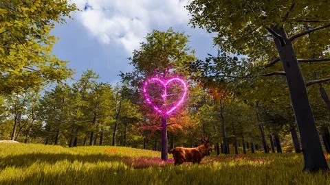 Display of a neon heart in a virtual forest a computer designed landscape 3.. Illustrazione stock