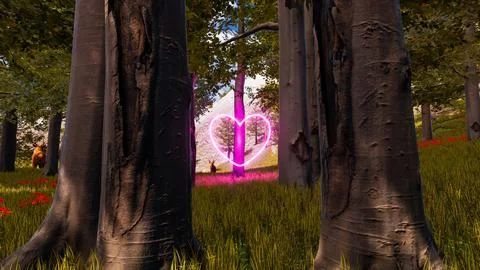 Display of a neon heart in a virtual forest a computer designed landscape 3.. Illustrazione stock