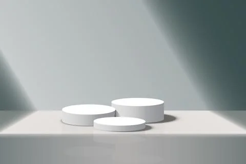Display pedestal, Design platform, Empty product, White room and side lights. 3D Ilustração Stock
