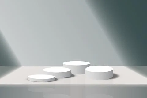 Display pedestal, Design platform, Empty product, White room and side lights. 3D Stock-Illustration