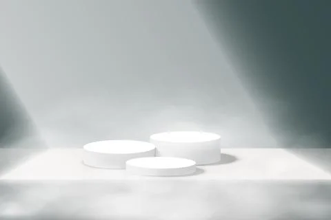 Display pedestal, Design platform, Empty product, White room and side lights. 3D Stock-Illustration