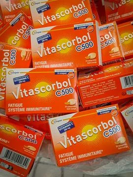 Display, in a pharmacy, of boxes of Vitascorbol brand vitamin C tablets, close-u Stock-Fotos