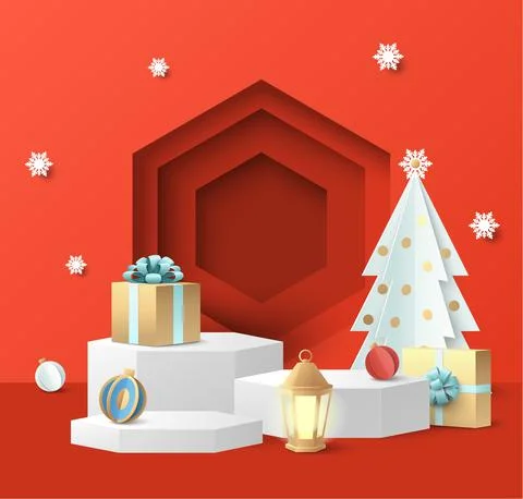 Display podium mockup set, gift boxes. Red paper cut Christmas studio for gift Stock Illustration