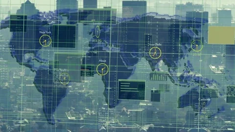 Display powering on, transparent world map overlay updating clocks and data for Stock Footage 340674676