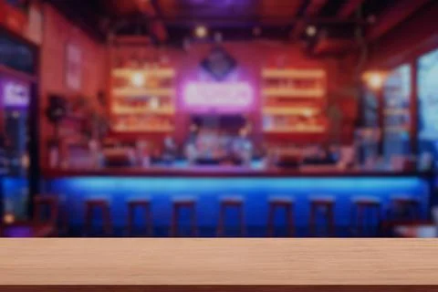 Display Products Empty Wood Table on a Blur of Bar Interior Background. 3d .. イラスト素材