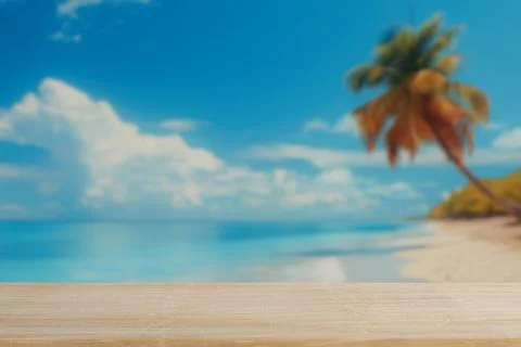 Display Products Empty Wood Table on Blur of Palm Beach Background. 3d Rend.. Stock Illustration