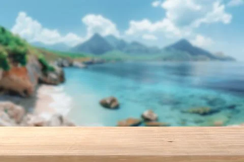 Display Products Empty Wood Table on Blur of Mountain Beach Background. 3d .. Stock-Illustration