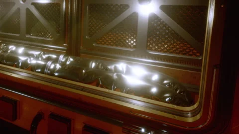 Display of a sci fi container with shiny material in a futuristic setting Stock Footage 343571795