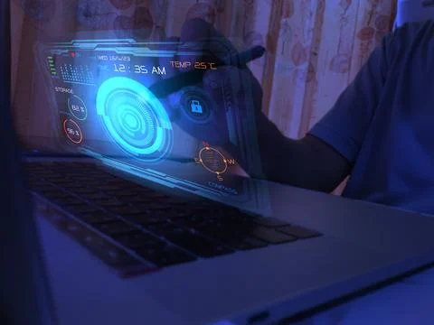 Display screen data technology concept Laptop program control and display Foto stock