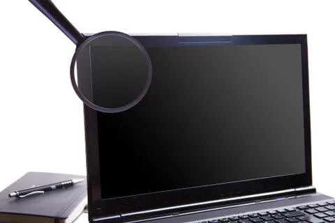 Display Screen notebook and magnifying glass with place for your text. Foto stock