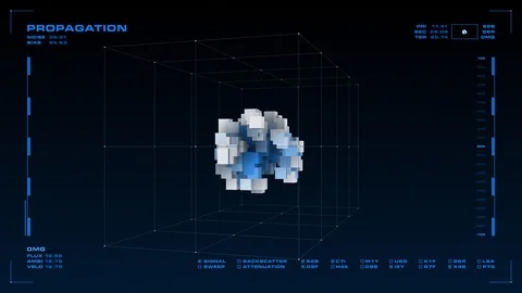 Display screen: rotating 3D organic or cellular substance, and related data. Stock Footage 86031206