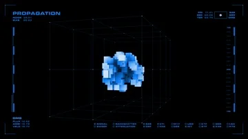 Display screen: rotating 3D organic or cellular substance, and related data. Stock-Footage 86031321