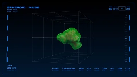 Display screen: rotating 3D pathogen, microbe or virus, and related data. Stock Footage 86296356