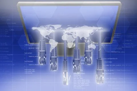 Display with set of cables and world map Stock Illustration