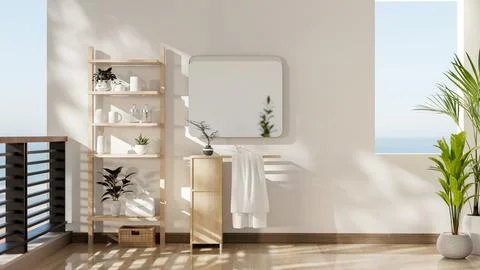 Display shelf and wooden table with towel rack under square mirror on white.. Stock Illustration