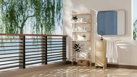 A display shelf and wooden table with towel rack under square mirror on the.. Stock Illustration