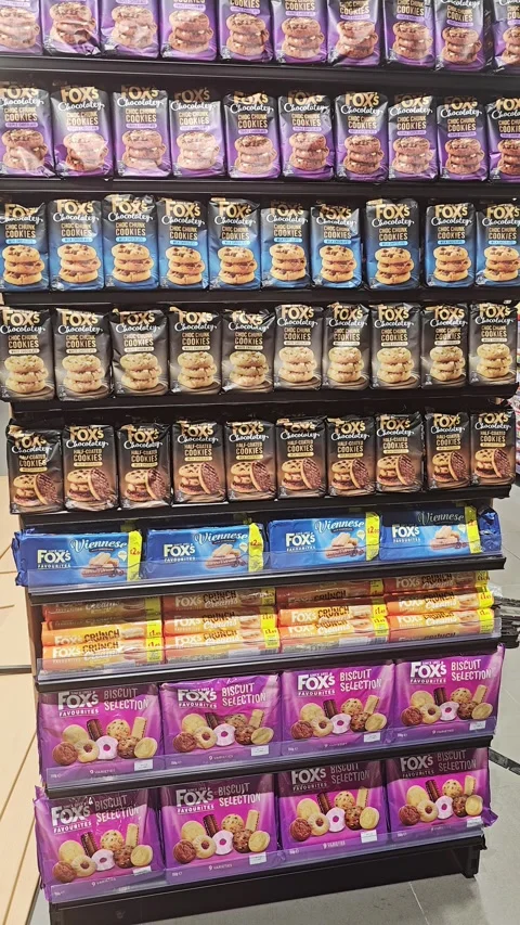 Display shelf stocked with organized packaged snack fox cookies and biscuit Stock Footage 338308237