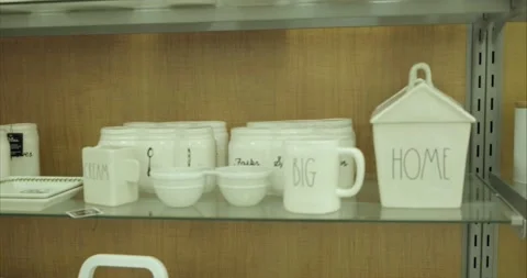 Display shelves of Ceramic Dishware &amp;amp; Kitchenware at retail shop. 4K Stock Footage 137263647