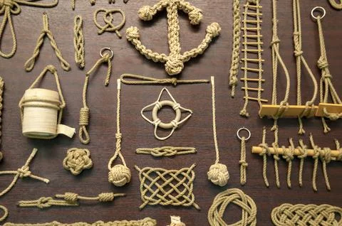 Display showing different types of knots used in sailing Stock Photos