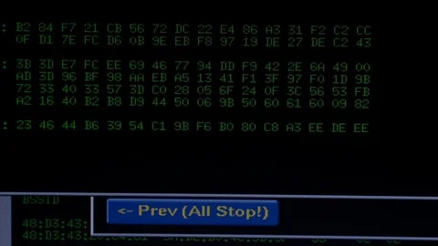 Display showing password encryption brute force attack running multiple windows Stockbeeldmateriaal 126099923