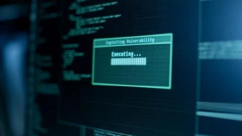 Display Showing Stages of Hacking in Progress: Exploiting Vulnerability, Exec 스톡 사진