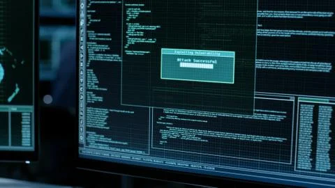 Display Showing Stages of Hacking in Progress: Exploiting Vulnerability, Exec Stock Photos