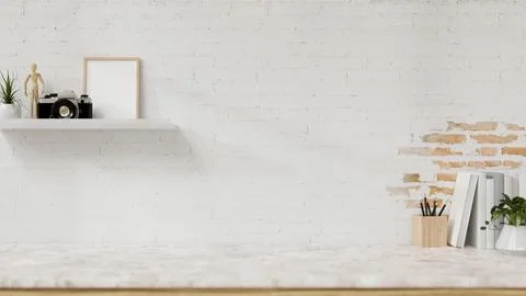A display space on a white marble table showcases products against the whit.. 스톡 일러스트