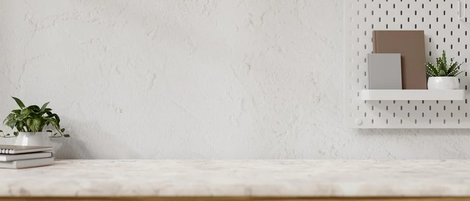 A display space on a white marble table showcases products against the whit.. 스톡 일러스트