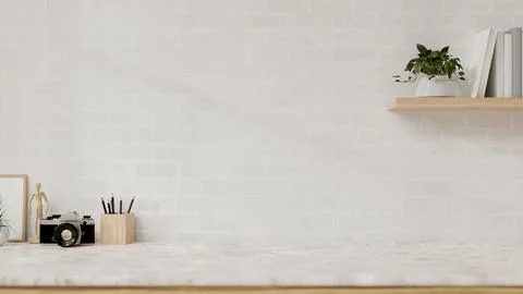 A display space on a white marble table showcases products against the whit.. 스톡 일러스트