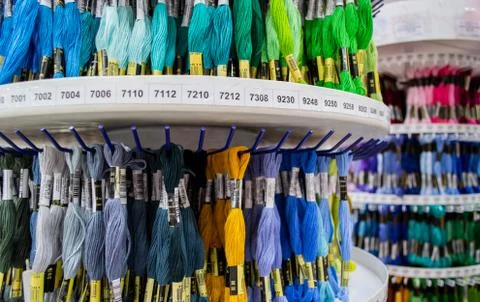 Display Stand with multi-colored bright floss threads Stock Photos