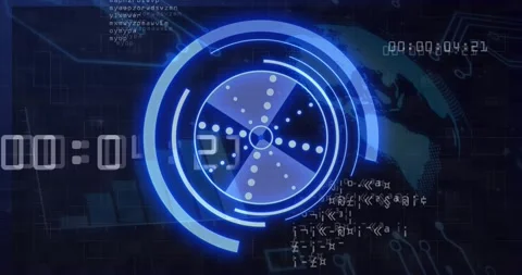 Display starting rotating HUD counting time moving arcs updating code and Stock Footage 318194342