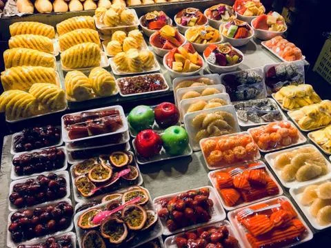 A display in a store filled with lots of different types of food Stock Photos