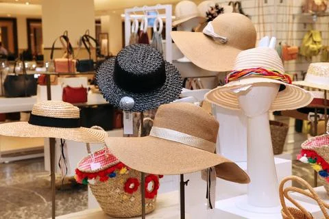 Display of straw hats Stock Photos