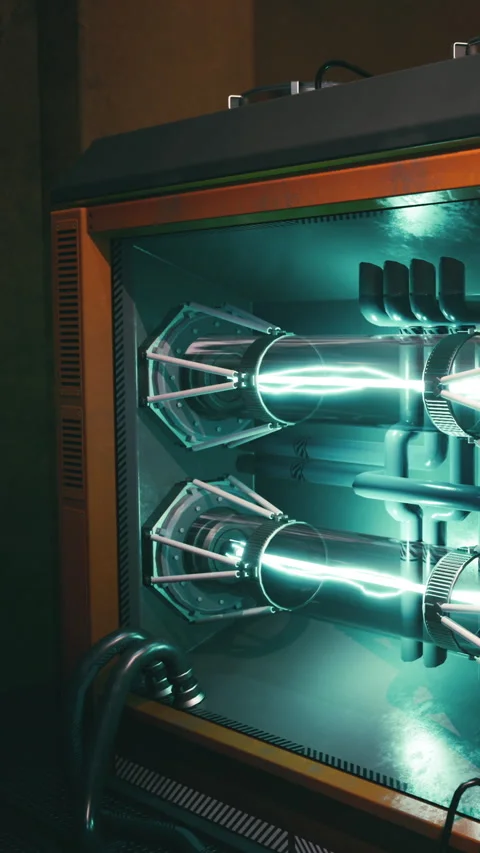 Display of tech equipment with glowing components in a dim room setting Stock Footage 342130992