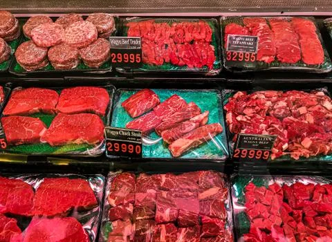 Display types of prepacked meat Stock Photos