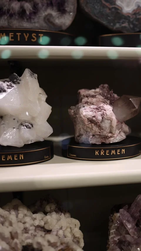A display of various mineral specimens in a museum, each labeled with its name.  Stock Footage 289637440