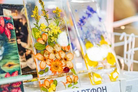 Display of varying glass frames containing botanical prints at a Ukrainian .. Stock Photos