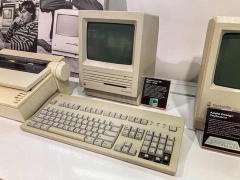 Display of vintage Apple computer equipment at a museum in Kyiv, featuring CR Stock Photos