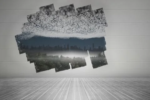 Display on wall showing city view beneath stars Stock Illustration