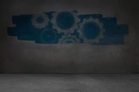Display on wall showing cogs and wheels in clouds Stock Illustration
