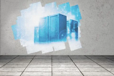 Display on wall showing server towers Stock Illustration
