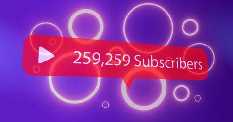 Displaying 259k subscriber count on purple gradient, with red bubble, play icon Fotos de archivo