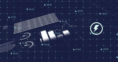 Displaying 3D analytics panel floating over dark blue grid, with bar chart Stock Photos
