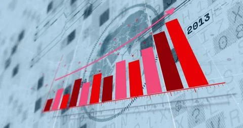Displaying 3D ascending bar chart rising on digital grid backdrop, with upward Illustration