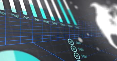 Displaying 3D bar chart centered in dashboard, with cyan bars, blue grid, month Illustrazione stock